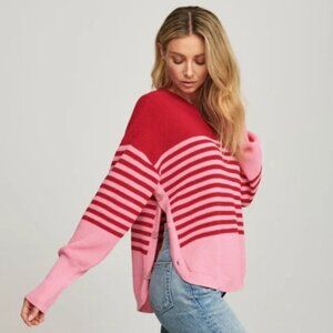 Sundays Adler Side Button Cotton Sweater in Striped Red and Pink Size M